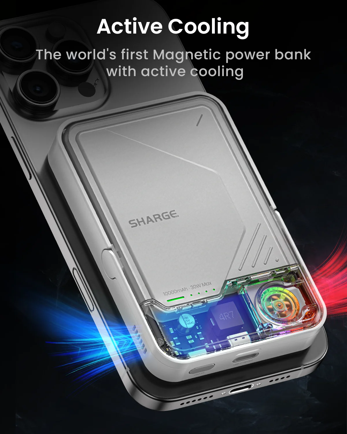 Фото Портативное зарядное устройство SHARGE ICEMAG 2 MagSafe Power Bank 15 Вт Qi2 с активным охлаждением, аккумулятор 10000 мАч для iPhone 16/15 Galaxy №2