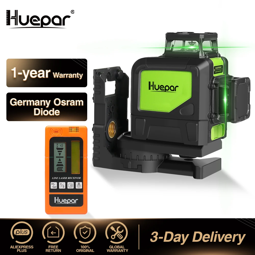 Huepar Self-leveling Professional Green Beam Cross Line Laser 360-Degree Line with Pulse Modes+Huepar Digital LCD Laser Receiver