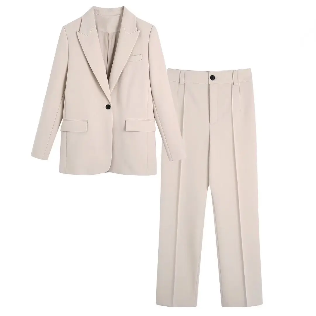 

Leisure Women Blazers Sets Beige Long Sleeve Casual Suit Coats Straight Pants 2022 New Spring Autumn Solid Office Lady Suits