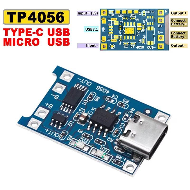 

TP4056 Lithium Battery Charger Module 1A Portable Battery Charger Panel Type C Micro USB 4.5V-5V for Lithium Batteries 18650