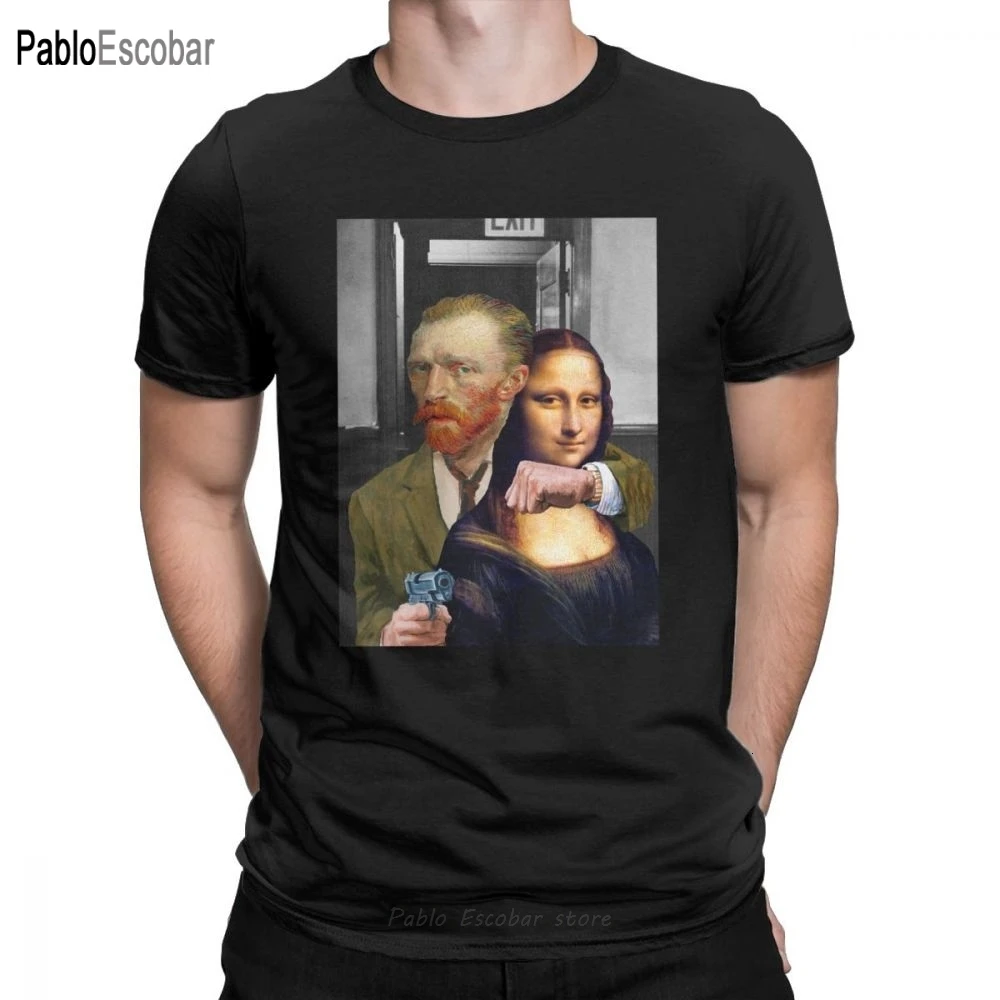 Novelty Art Theft Van Gogh Mona Lisa T-Shirt for Men Round Neck 100% Cotton T Shirt Humor Aberrant Art Parody Funny