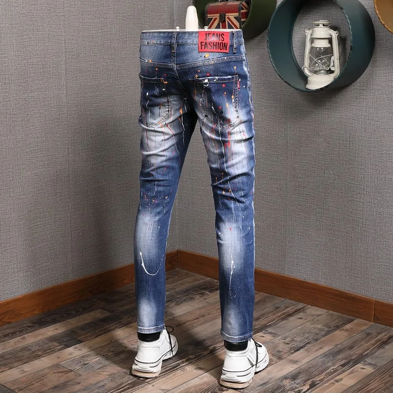 Street Fashion Men Jeans Retro Blue Elastic Stretch Slim Fit Painted Ripped Jeans Men Hole Patched Designer Hip Hop Denim Pants