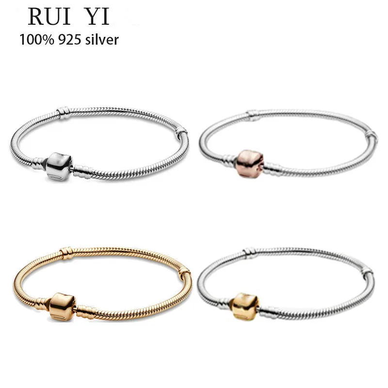 

Hot Sale 100% 925 sterling silver Classic Cylindrical Button Snake Bone Bracelet Suitable For Women Diy Jewelry Original Charm