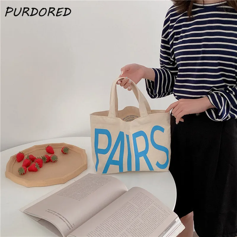 

PURDORED 1 Pc Paris Letter Women Shoulder Bag Ins Style Canvas Shopping Bag Casual Female Student Reuseable Shoulder Bag Handbag