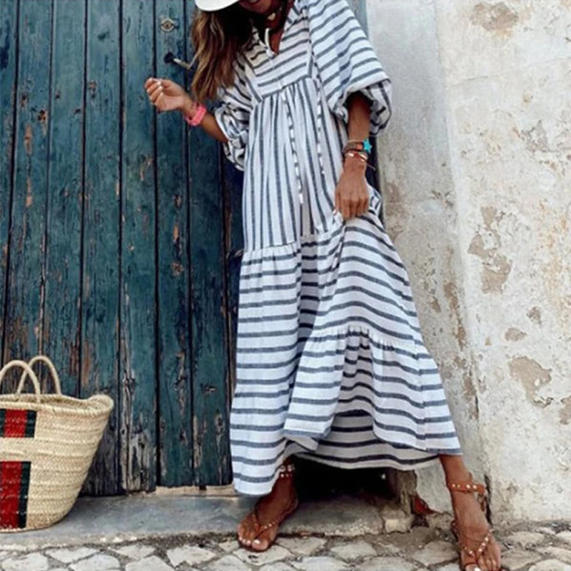 

Fashion V-Neck Drawstring Puff Sleeve Dress Women Casual Holiday Party Striped Long Dress New Spring Loose Patchwork Boho Dress