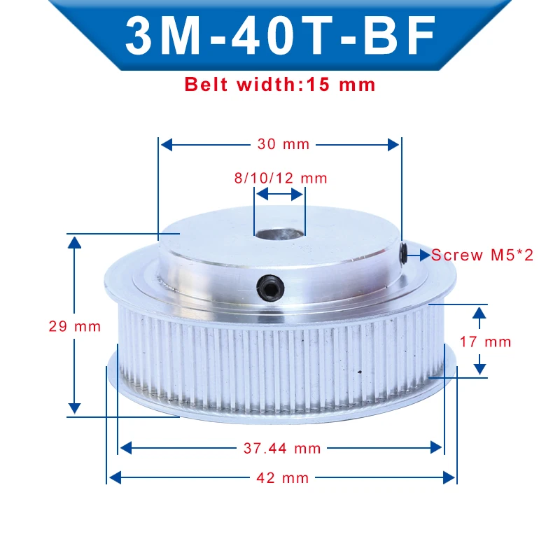 

Timing Pulley 3M40T Inner Bore 8/10/12 mm Aluminum Belt Pulley Slot Width 17mm Match with 3M-round polyurethane belt Width 15mm
