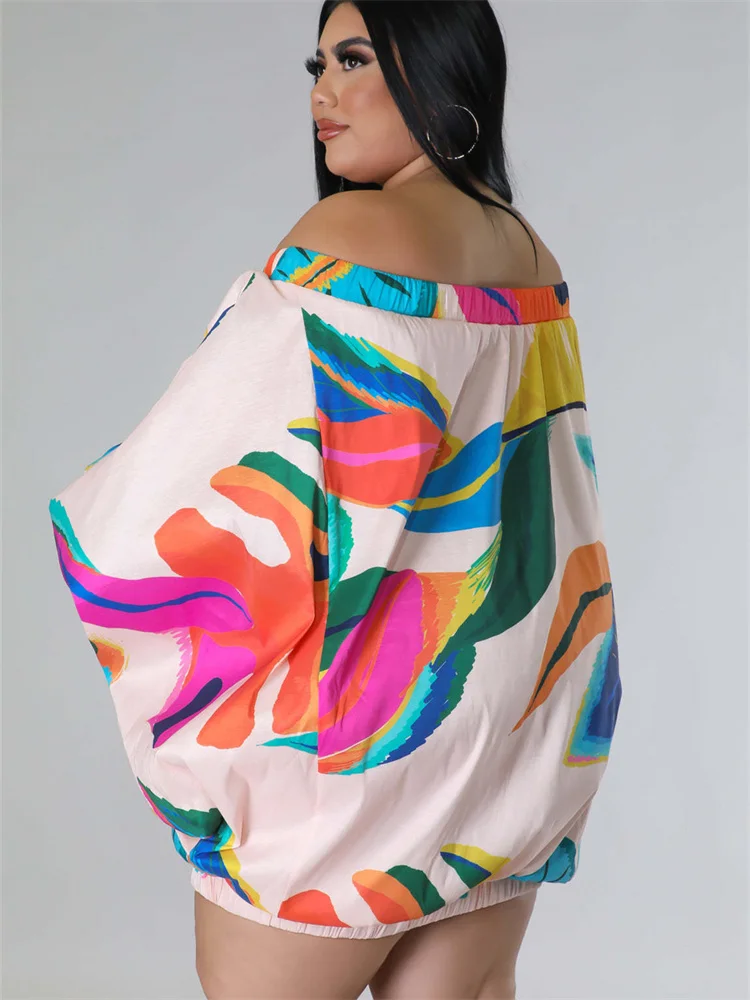 Plus Size Women Clothing Off Shoulder Dress Summer Print Loose Stretch Elegant Mini Dresses Women Whol 3xl 4xl 5xl 6xl