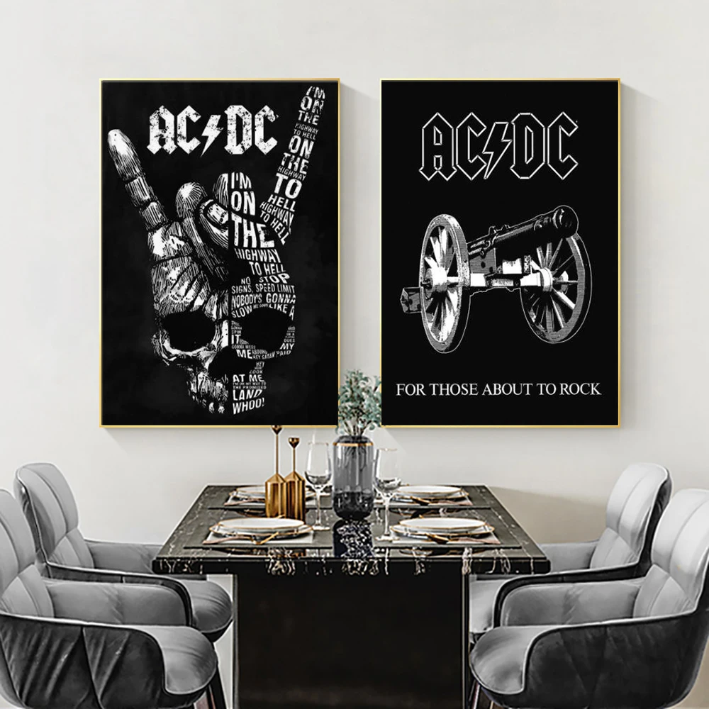 

Skeleton AC DC Abstract Canvas Painting Skull Gun Car Art Prints Poster Black White Wall Modern Picture Living Room Home Decor