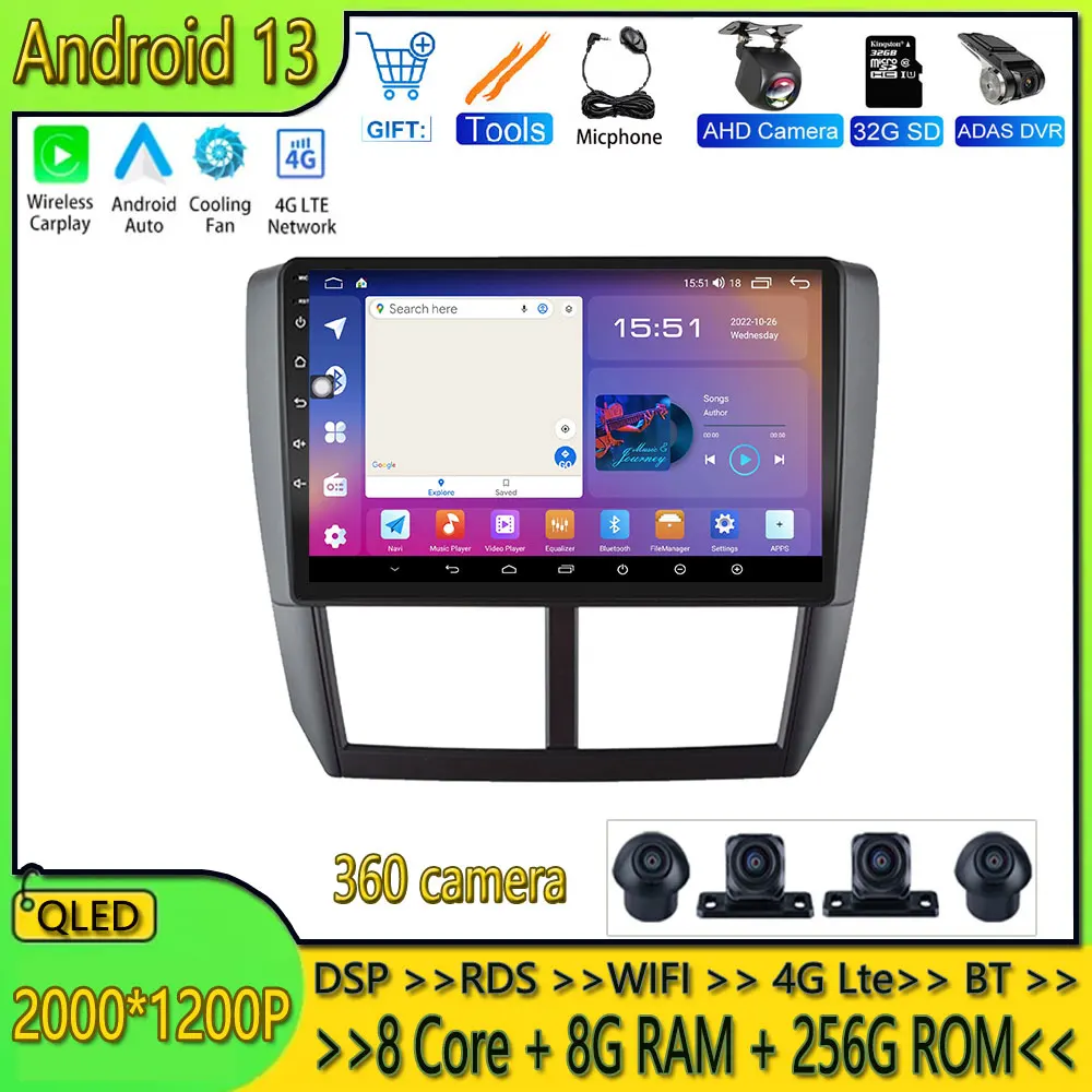 

Автомагнитола 9 дюймов, стерео, видео, мультимедийный плеер, GPS-навигация для Subaru Forester WRX 2008-2014 Carplay DSP IPS BT SWC Android 13