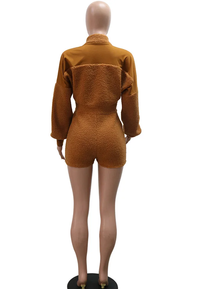 Beyprern повседневные женские пушистые короткие комбинезоны на молнии теплые с