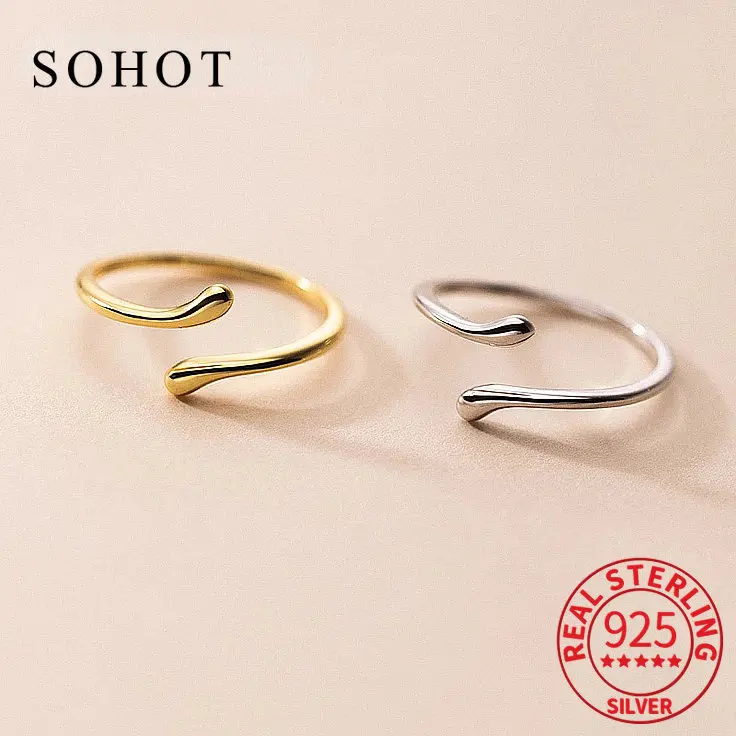 

Real 925 Sterling Silver Geometric Line 18K Adjustable Ring For Fashion Women Cute Fine Jewelry Minimalist Accessories