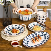 japanese and korean style retro small blue flower ceramic tableware rice bowl dish soup bowl sauce dish household restaurant