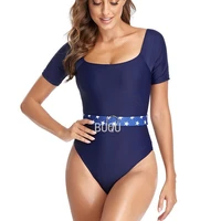 buqu2022 new bikini slimming short sleeves conservative swimwear solid color one piece corset womens swimsuit beach swimsuit