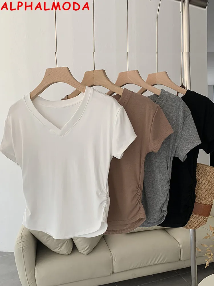 

Женская футболка с коротким рукавом ALPHALMODA, повседневная однотонная с эластичной талией, универсальная, на лето 2023