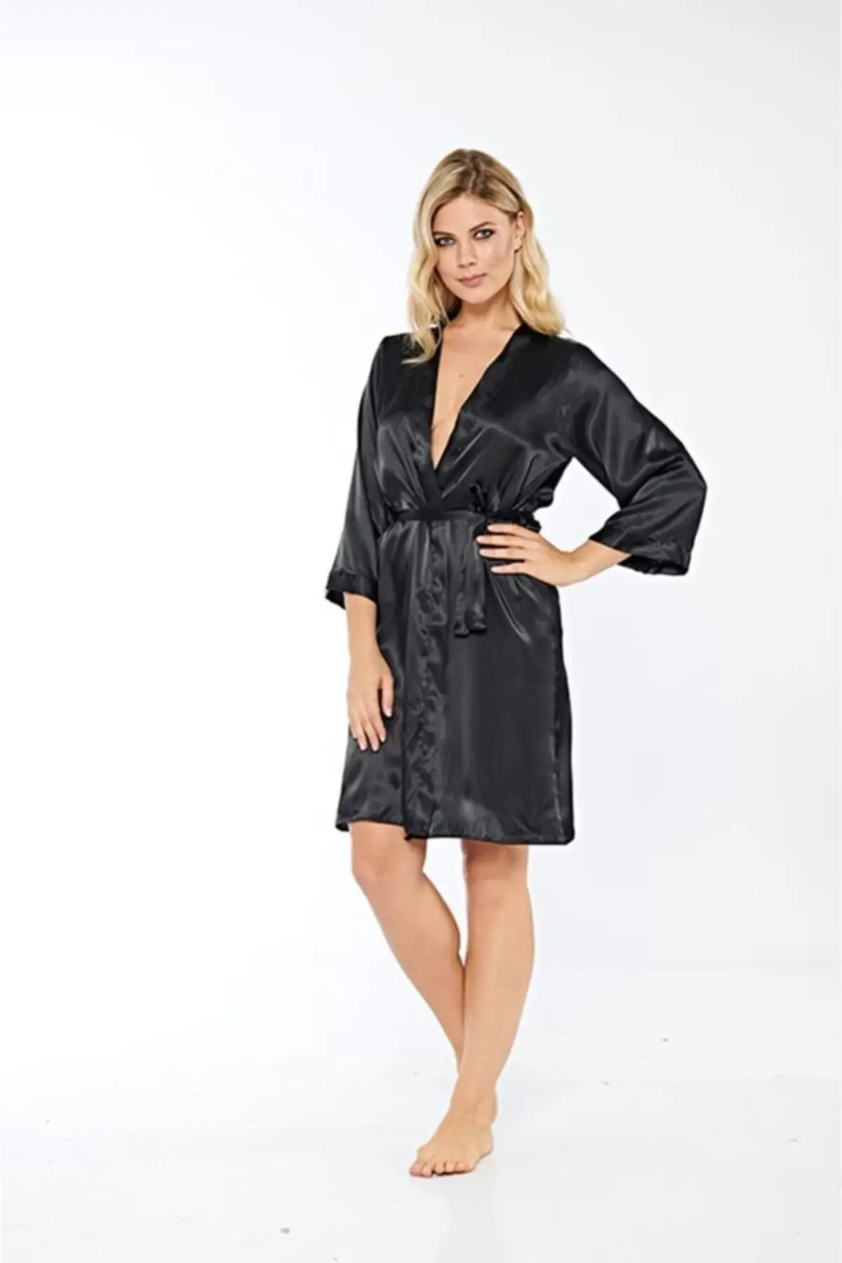 

Dressing Gown 14000 Silk Satin Black Fashion Robe Robe Robe Sexy Peignoir Kimono Bride Sleepwear Night Gown