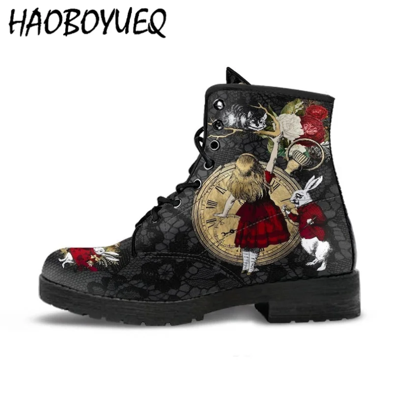 Women Ankle Boots Print High-top Shoes Non-slip Motorcycle Vintage Pu Leather  Platform lace up Boots Botte Femme Hiver