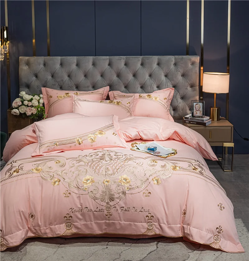 

Pink Red Gray Luxury Gold Bloom Flower Embroidery 100S Egyptian Cotton Bedding Set Queen King Duvet Cover Bed Sheet Pillowcase