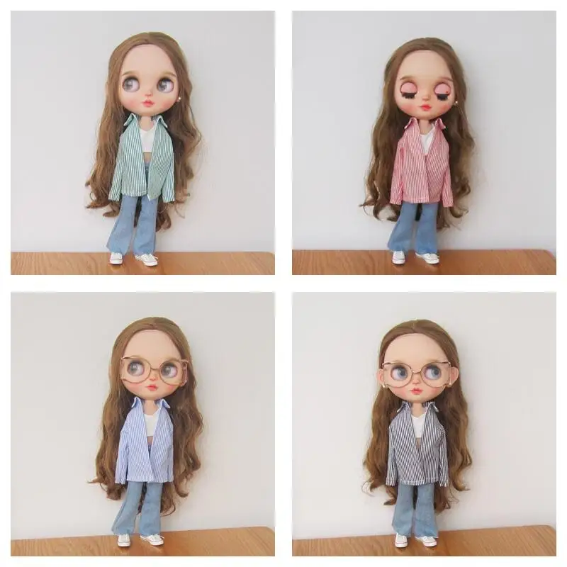 

DLBell Handmade Blyth Doll Clothes Shirt Stiped Oversize Blouse Long Sleeve Tops and Blue Jeans For Blythe Barbie OB24 1/6 Dolls