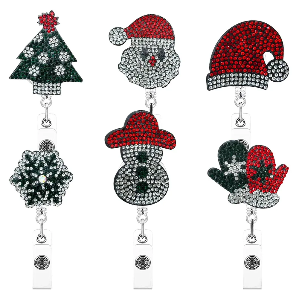 

Retractable Badge Holder Christmas Rhinestone Felt Badge Reel Clip ID Card Holder Retractable Keychain School Office Supplies