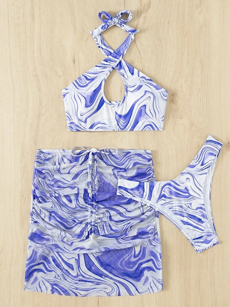 2023 Printed 3 Three Pieces Set Mesh Swimsuit Women Halter Micro Bikini High Waist Swimwear Sexy Solid Beachwear Bathing Suit