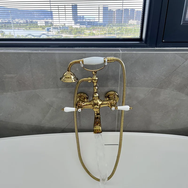 

Retro bronze golden bathtub faucet shower set double telephone hot and cold faucet
