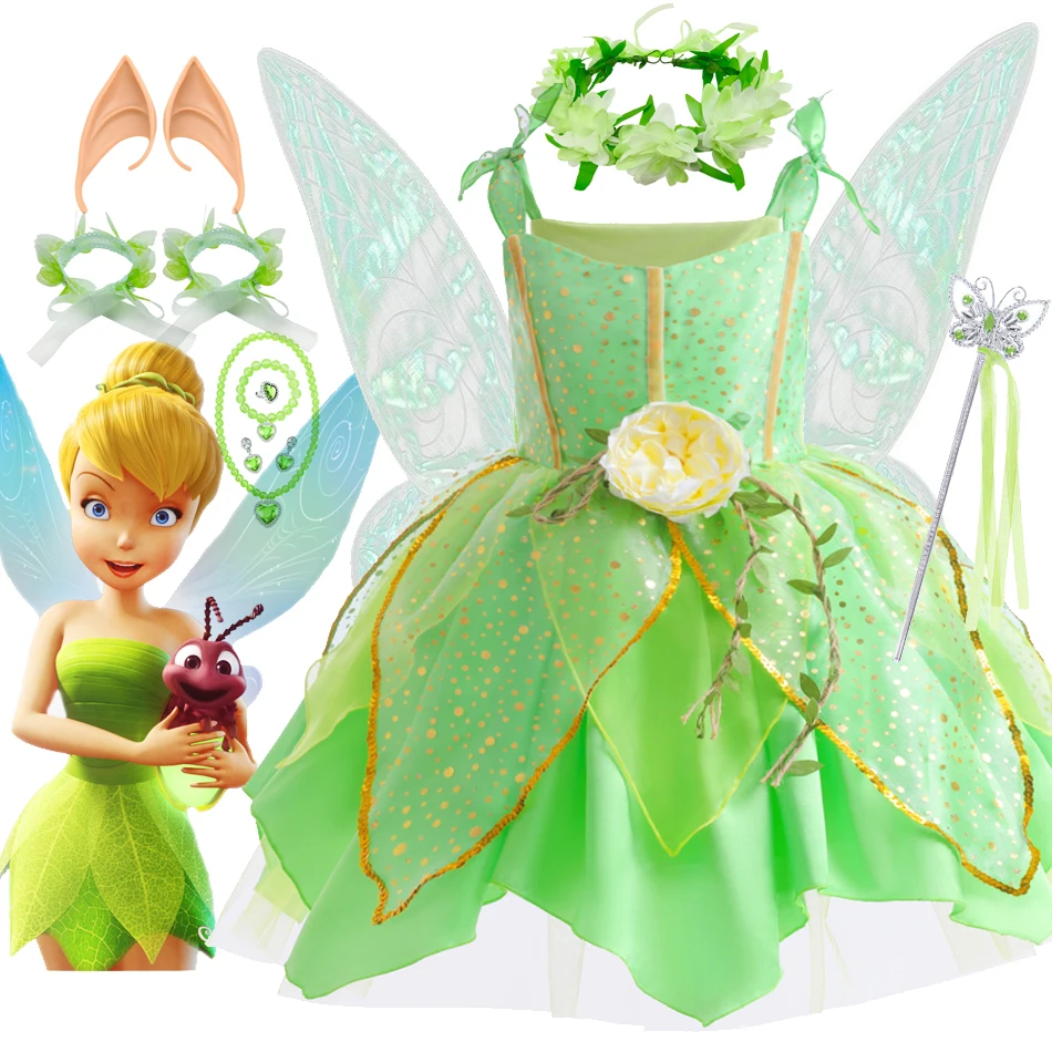 Girls Tinker Bell Costume Halloween Costume for Kids Green Tinkerbell Fancy Dress Fairy Princess Cosplay Carnival Party 2-10Y