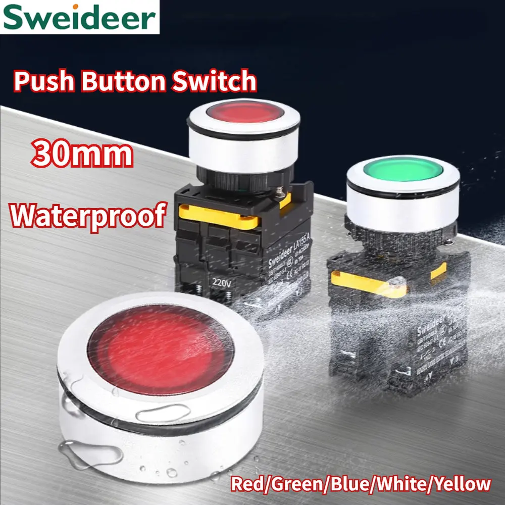 

30mm ON OFF Switch Waterproof Momentary Reset Self Locking Power Push Button Switch Flat Head 10A 1NO 1NC 2NO Red Green Yellow