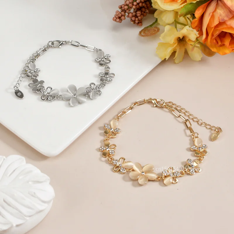 Очаровательный серебристый/позолоченный женский браслет-цепочка с розовым