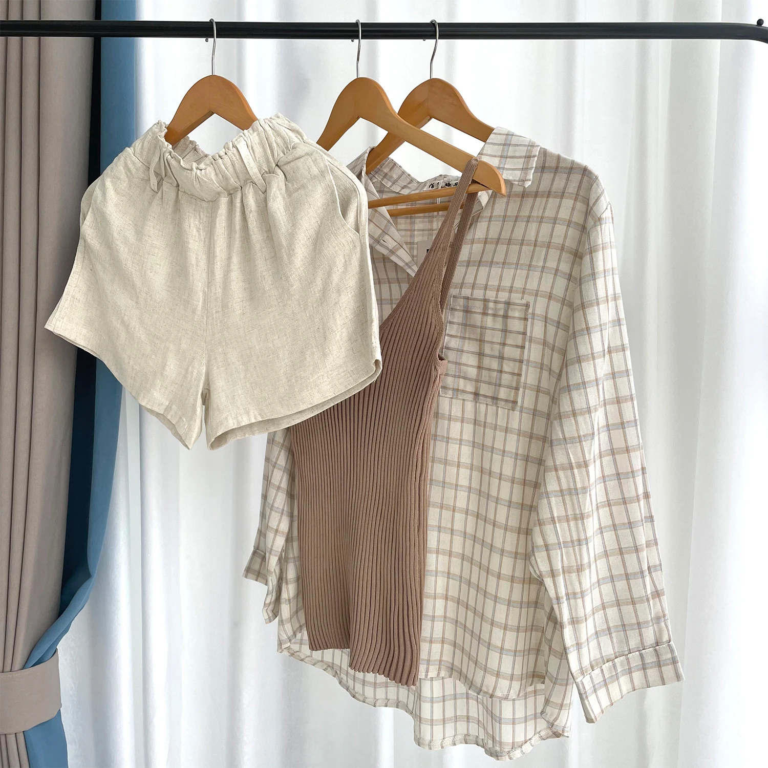 

Summer Women Three Piece Sets Casual Linen Plaid Long Sleeve Tops Elastic Waist Belt Wide Leg Shorts Vest Suits Womens Outifits