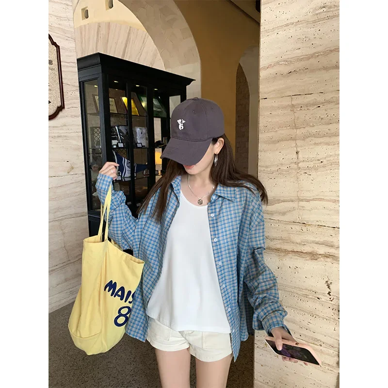 Синяя клетчатая рубашка с длинными рукавами женская летняя свободная