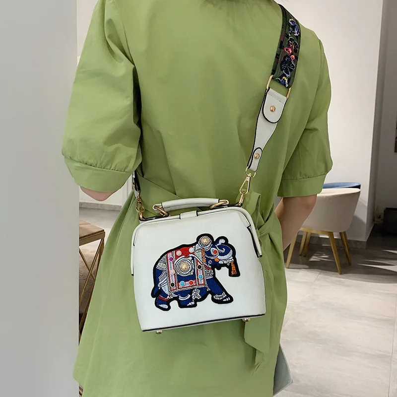 

Vintage Embroidery Elephant Bags Wide Butterfly Strap PU Leather Women Shoulder Crossbody Bag Tote Women's Handbags Purses
