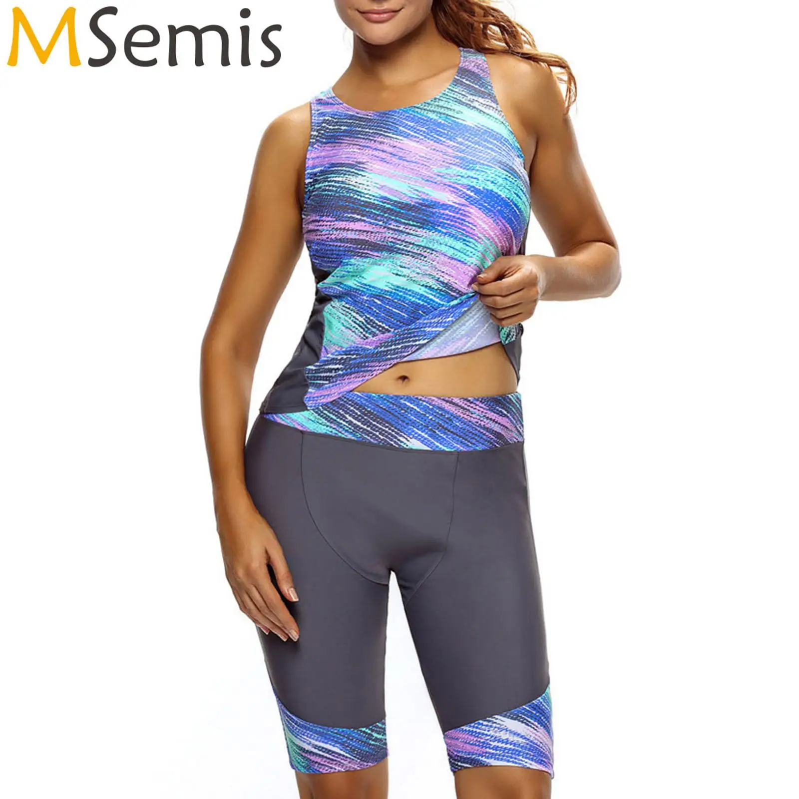 

Women's Stretchy Two Pieces Swimwear Swimsuit U Neck Sleeveless Removable Chest Pads Colorful Print Top Shorts Swimming Suit