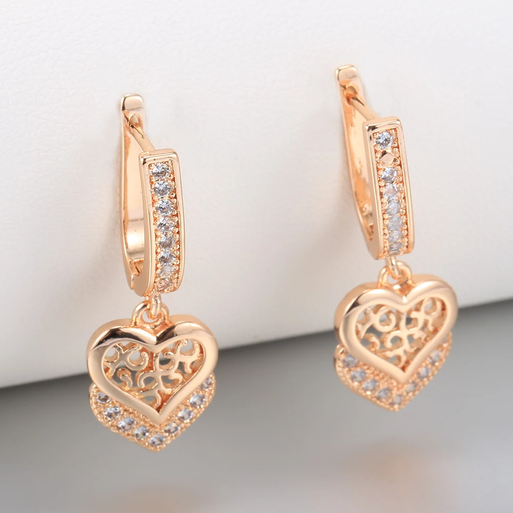

Women Girls 585 Rose Gold Color Earrings Cut Out Heart Love Crystal Dangle Drop Earrings Birthday Party Gifts GE366