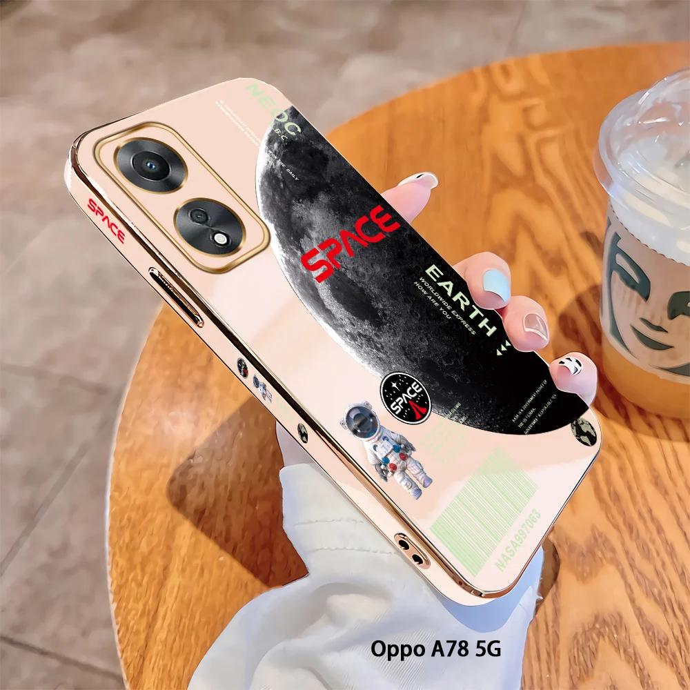 

For OPPO A78 A58 5G A77 A57 4G A77S 2022 Luxury Original Square Case Grey Planet Plating Soft TPU Cover Shockproof Cases