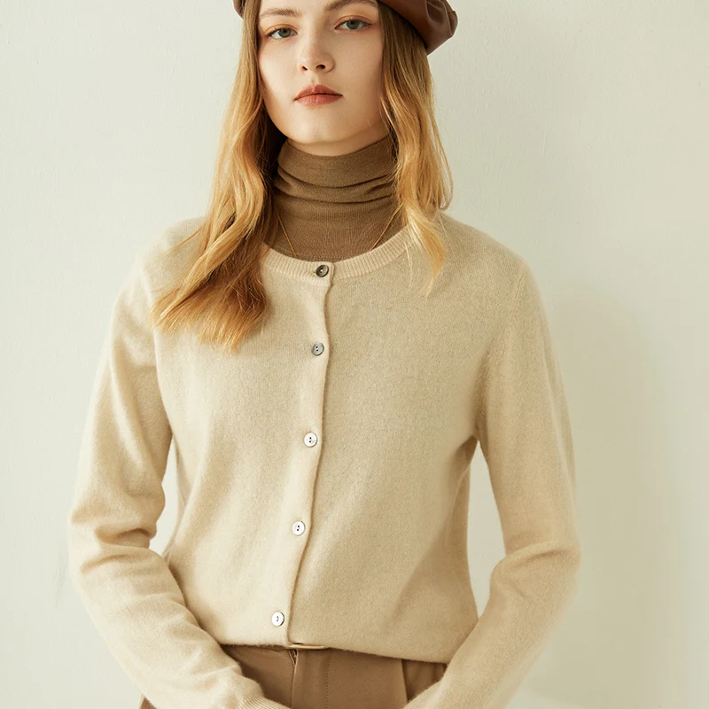 

Hot Sale Women's 100% Pure Cashmere Sweater Knitted O- Collar Cardigan Autumn and Winter New Fashion Clothes Girls Tops