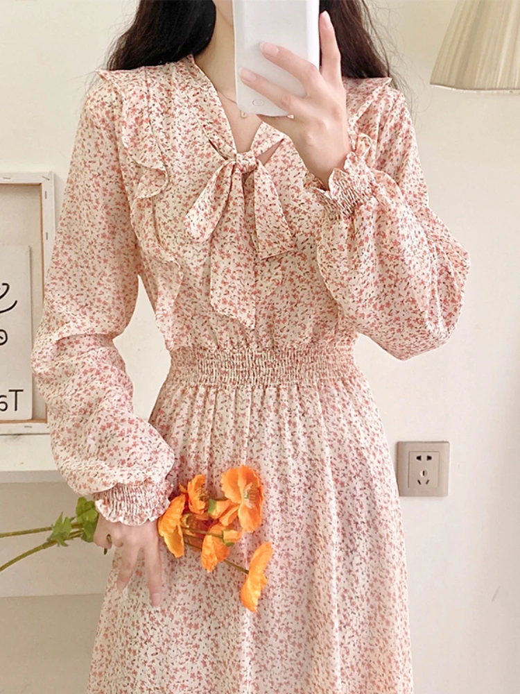 

Spring Elegant Floral Print Midi Dress Women 2022 Sexy High Wasit Vintage Casual Dress Long Sleeves Chiffon Sweet Dress