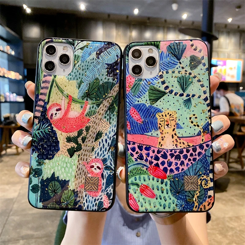 

Chic Cute Cartoon Anime Sloth Leopard Silicone Case For iPhone 13 12 11 Pro Xs Max Mini SE X XR 7 8 Plus Glitter Gold Foil Cover