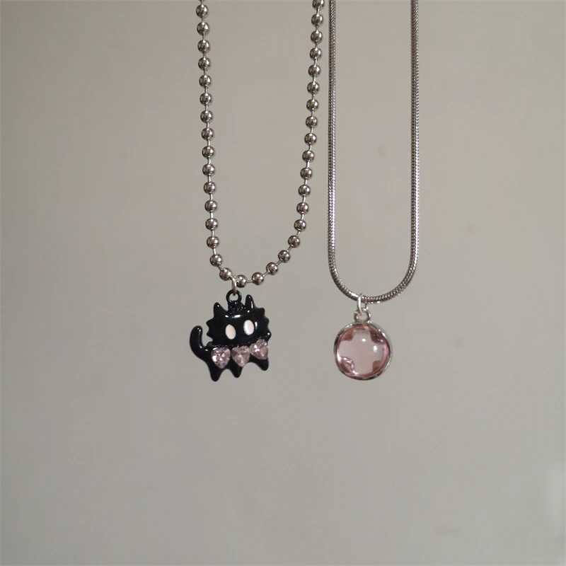Милое ожерелье с черным котом черно-розовым крестом и бисером для женщин девочек