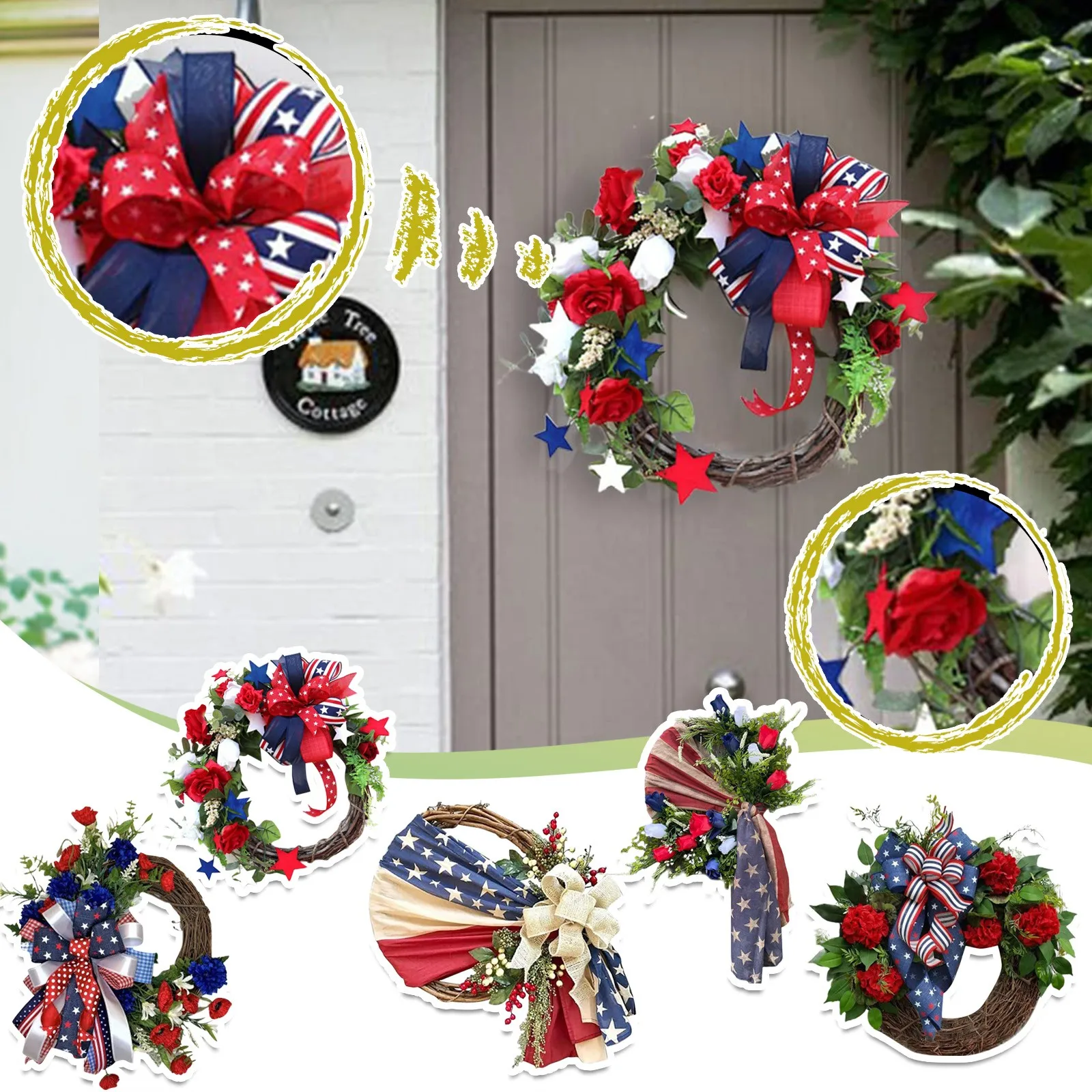 

Independence Day Cane Circle Artificial Flower Pendant Family Decorative Wreath Fourth Of July Wreaths Home Decoration