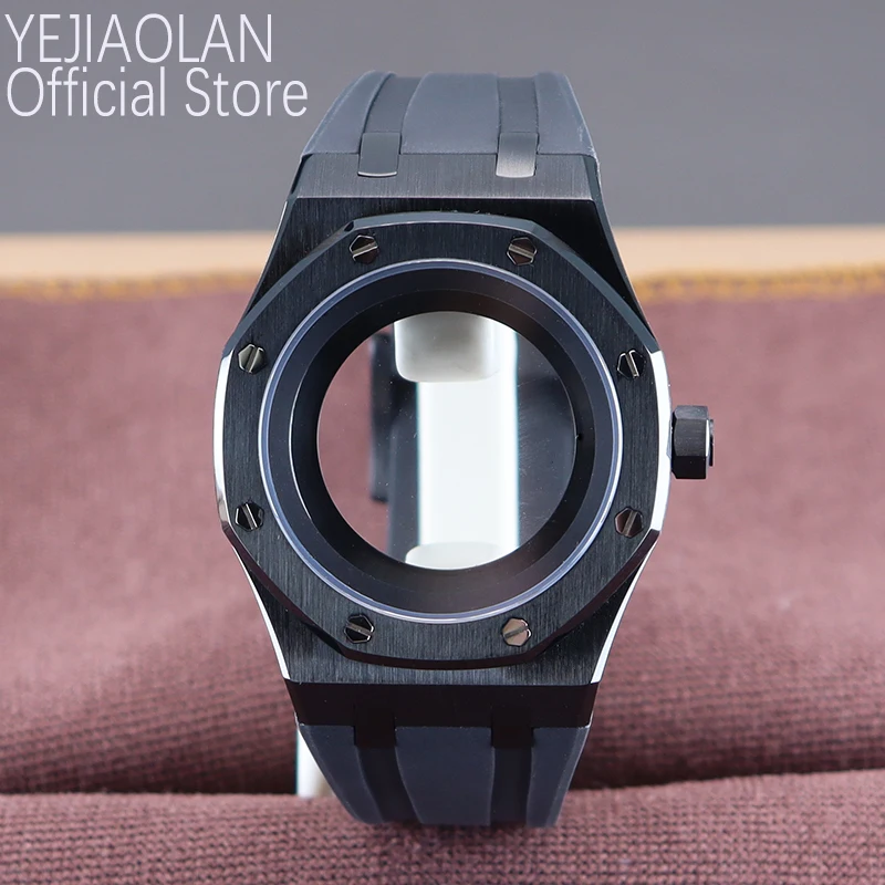 

41mm Black Watch Cases Rubber Watchband Parts For Seiko nh34 nh35 nh36 nh38 Movement 28.5mm Dial Waterproof With Chapter Rings