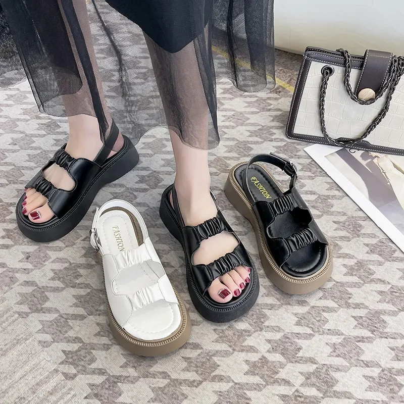 

2023 Summer New Women's Beige Heeled Sandals: Med Muffins Shoe, Clogs Wedge, All-Match, Black Platform, Medium Flat, Girls