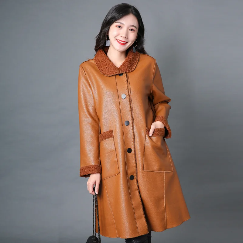 Autumn Winter Oversized Long Soft Faux Leather Coat Lambsw Collar Women Long Sleeve Buttons Elegant PU Jacket Female Clothing