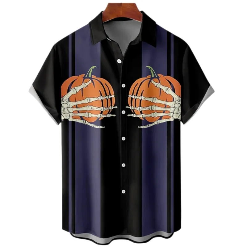 Men's Summer Halloween Pumpkin Theme Style Personality Hawaiian Short Sleeve Shirt Harajuku Elegant Dry Fit Y2k Goth Clothing