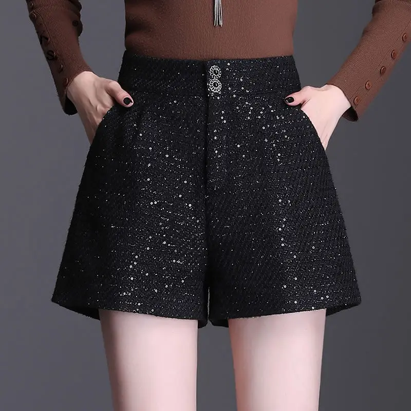 

New Woman High Elastic Waist Tweed Shorts Female Casual Loose Short Pants Ladies Fashion Autumn Loose Button All-match Short G34