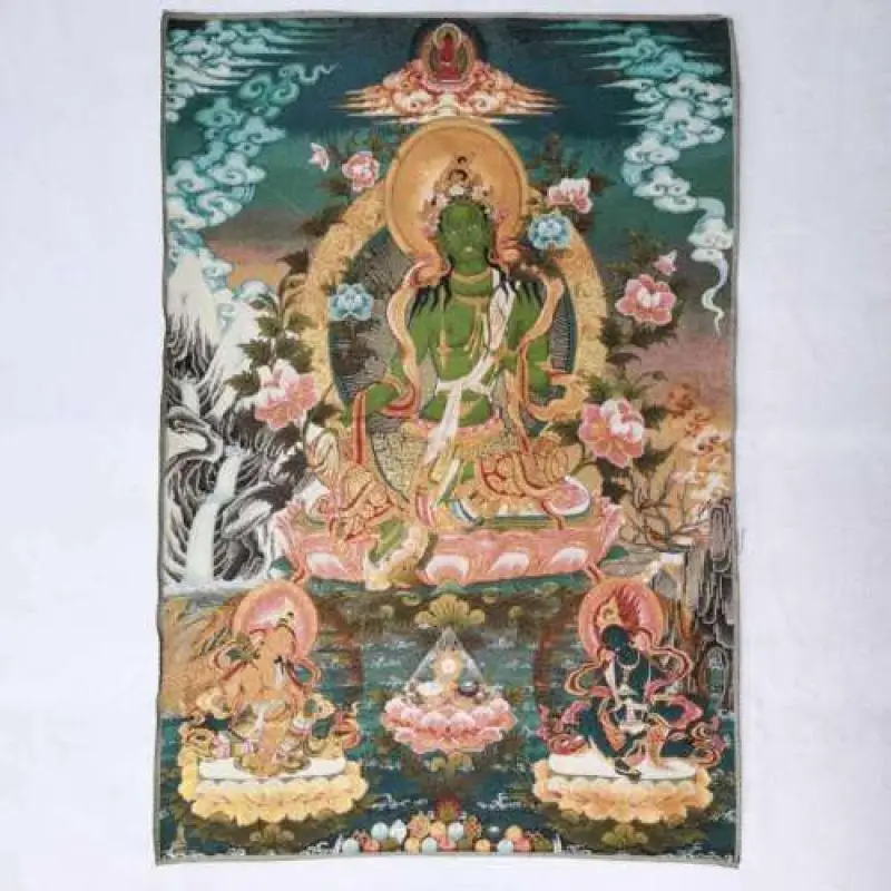 

36" Tibet Tibetan Cloth Silk Green Tara Guanyin Kwan-Yin Tangka Thangka Mural