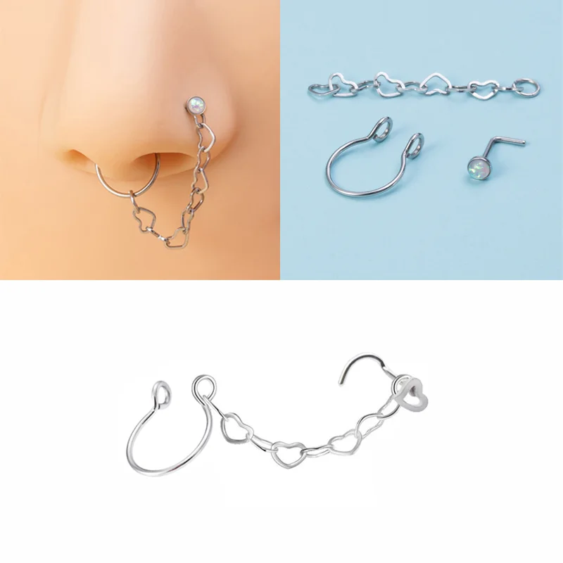 

New Double Nose Ring with Chain Stainless Steel Hoop Nose Piercing Heart Fake Nose Clip Septum Stud 20G Women Nostril Jewelry