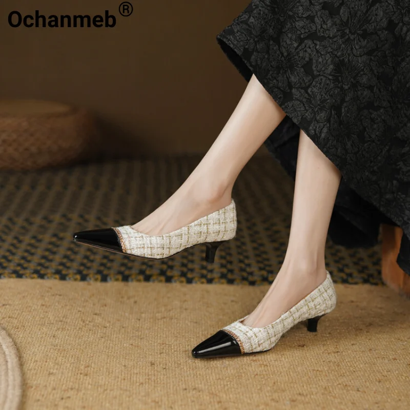 

Ochanmeb Women Brand Tweed Thin Heeled Pumps Mix Color Pointy Toe Slip Ons Chain Office Shoes Woman Party Wedding Size 34-41 INS