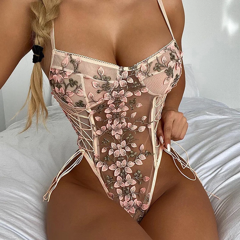 

Floral Embroidery Bodysuit Women Lace Up Bandage Bodies Sexy Sleeveless Bodycon Transparent Lingerie Mesh Bodysuits Top