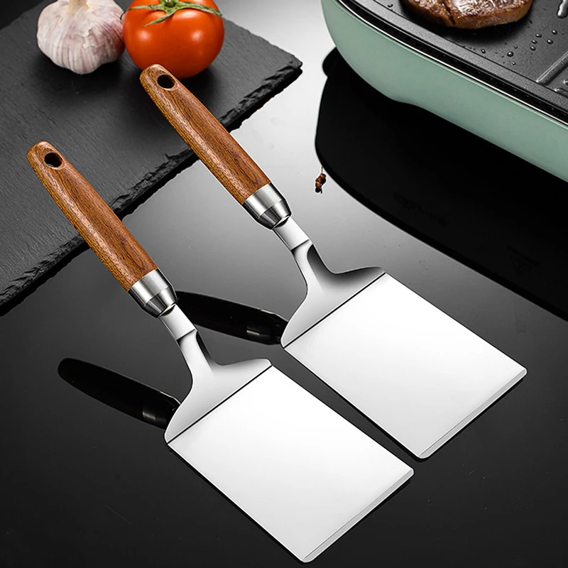 1PC Stainless Steel Steak Spatula Pancake Scraper Turner Grill Beef Fried Pizza Shovel With Wood Handle Kitchen BBQ Tools