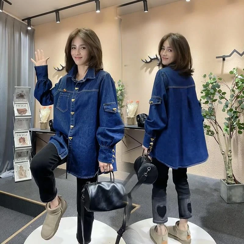 2022 Spring New Loose Edition Heavy Industry Washed Denim Shirt Fashion Loose Lapel Long Sleeve Blouse Women